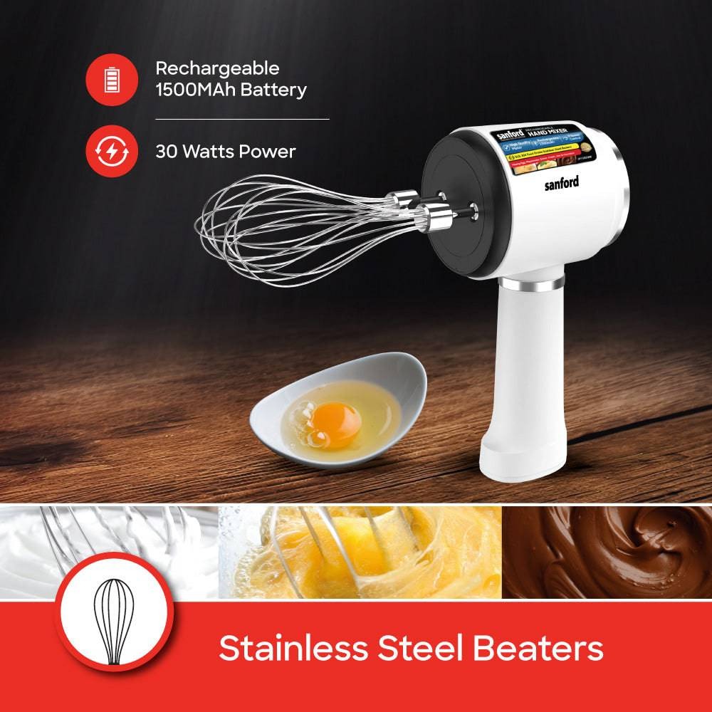 Sanford Rechargeable Hand Mixer – 3-Speed Egg, Batter & Cream Mixer with USB Charging, SS304 Beaters & 2-Year Warranty