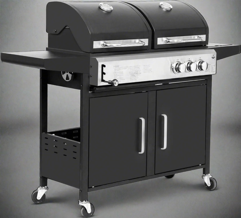 2-in-1 Gas & Charcoal BBQ Spit Roaster with Trolley Outdoor Grill for Garden & Camping