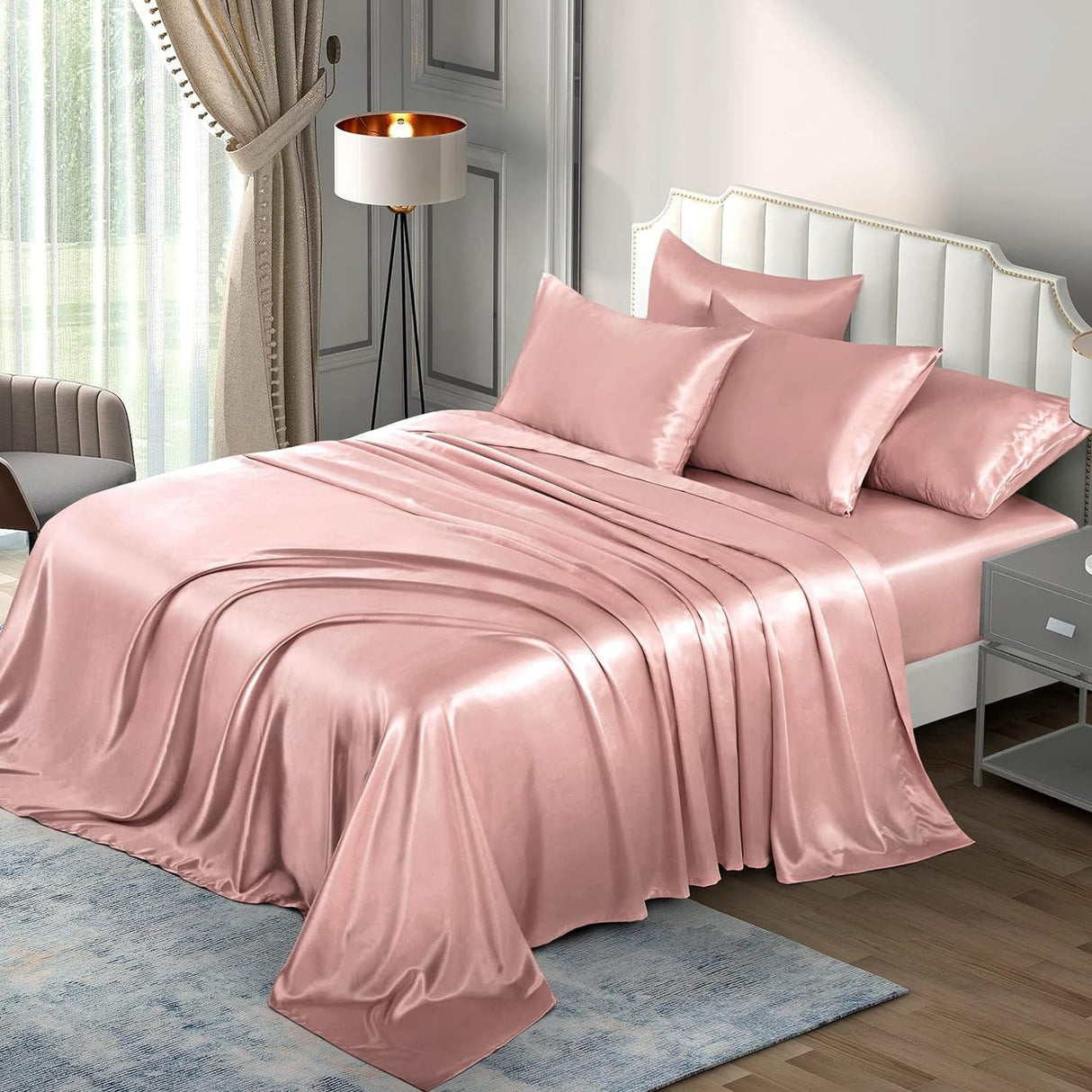 Luxury Silky Satin Silk Soft Fitted Bedsheets Bed Set- King Size