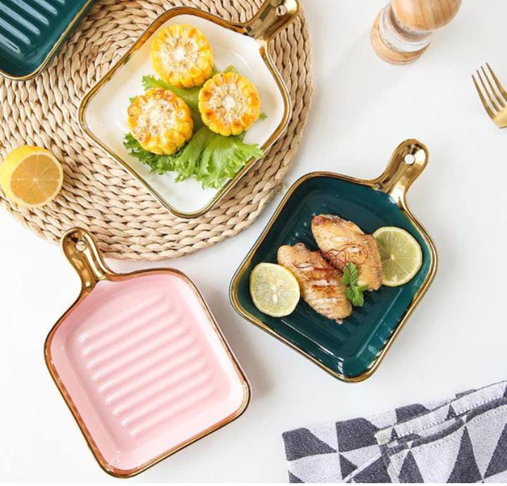 porcelain Gold ring snack plate with handle