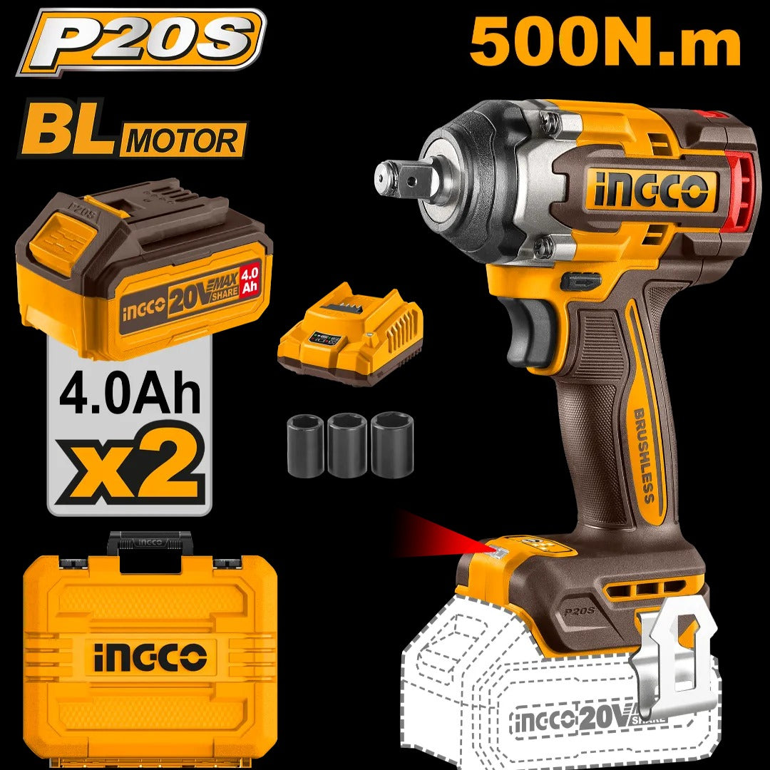 Ingco Impact Wrench, 20V Lithium-Ion Impact Wrench, Brushless Motor
