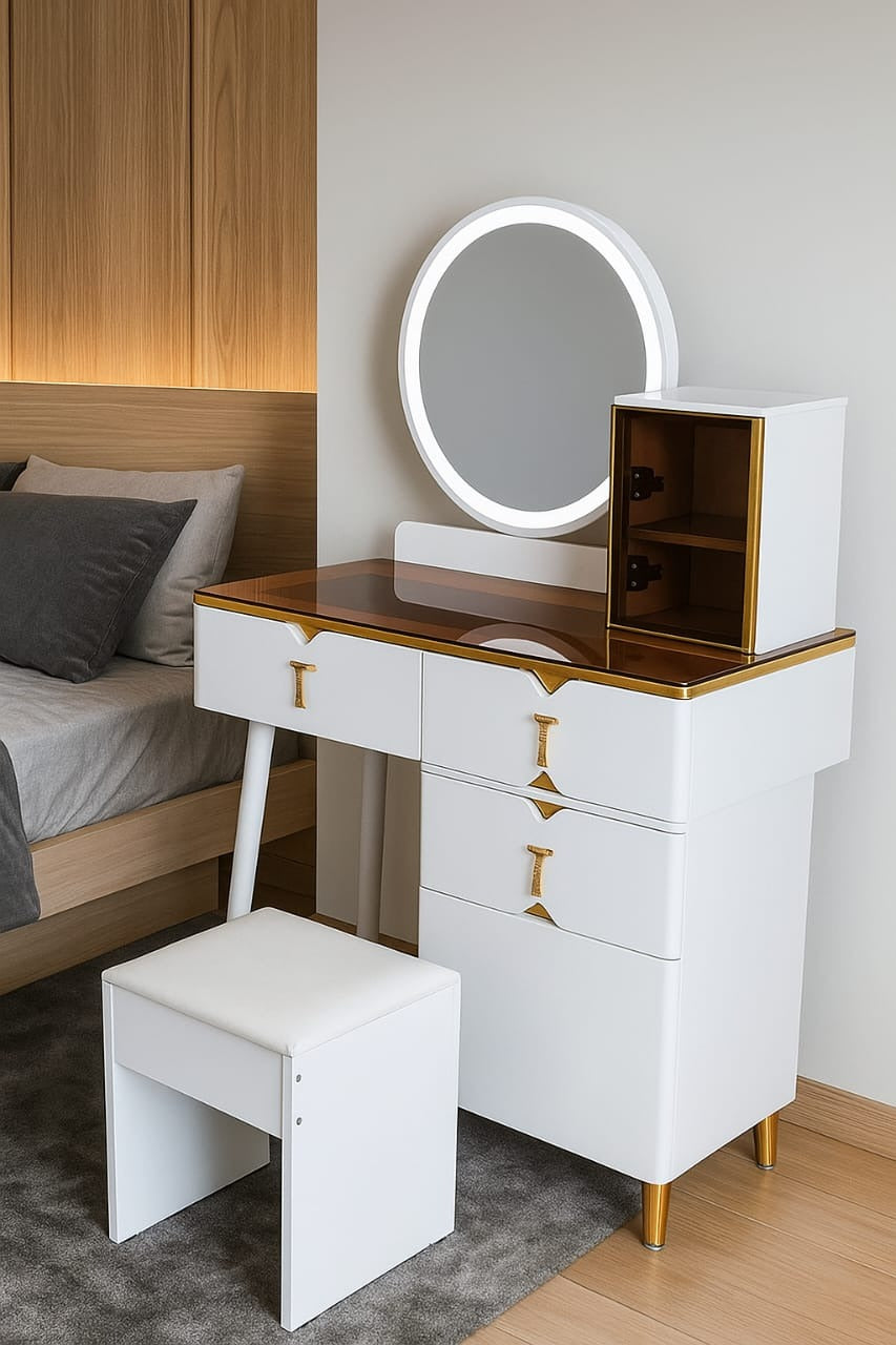 Nordic Luxury Vanity Makeup Desk with Mirror, Drawers & Built-in LED Lighting