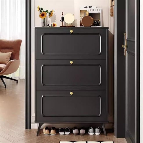 Entryway Shoe Cabinet Organizer Grey Triple-Layer Flip Rack with Golden Details