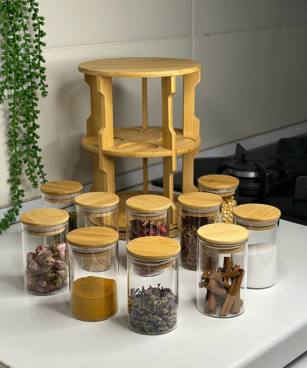 360° Rotating Spice Bamboo Tabletop Rack With 10 Big Jars & Accessories