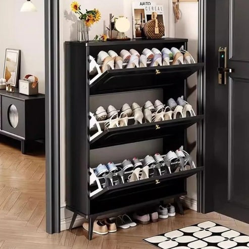 Entryway Shoe Cabinet Organizer Grey Triple-Layer Flip Rack with Golden Details