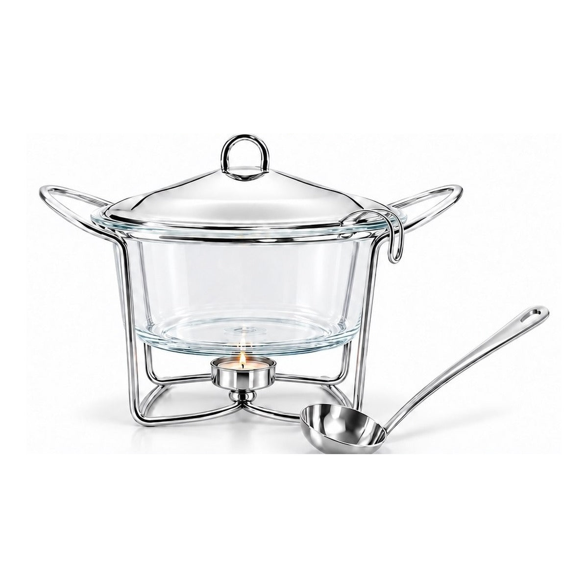 Sabinex Round Glass Soup Warmer with Ladle, Stainless Steel Stand and Lid, 4L, model DT-610
