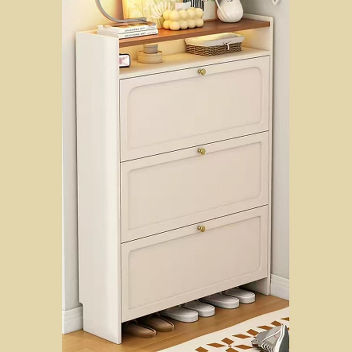 Slim Shoe Cabinet 90x24x132cm Cream and Oak with 3 Flip Down Tiers