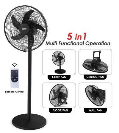 Sanford 16” Rechargeable Stand Fan – 5-in-1 Multi-Functional Tower Fan with LED Light, 5 Speeds, 45H Runtime, USB Charging & Oscillation | AC/DC Use