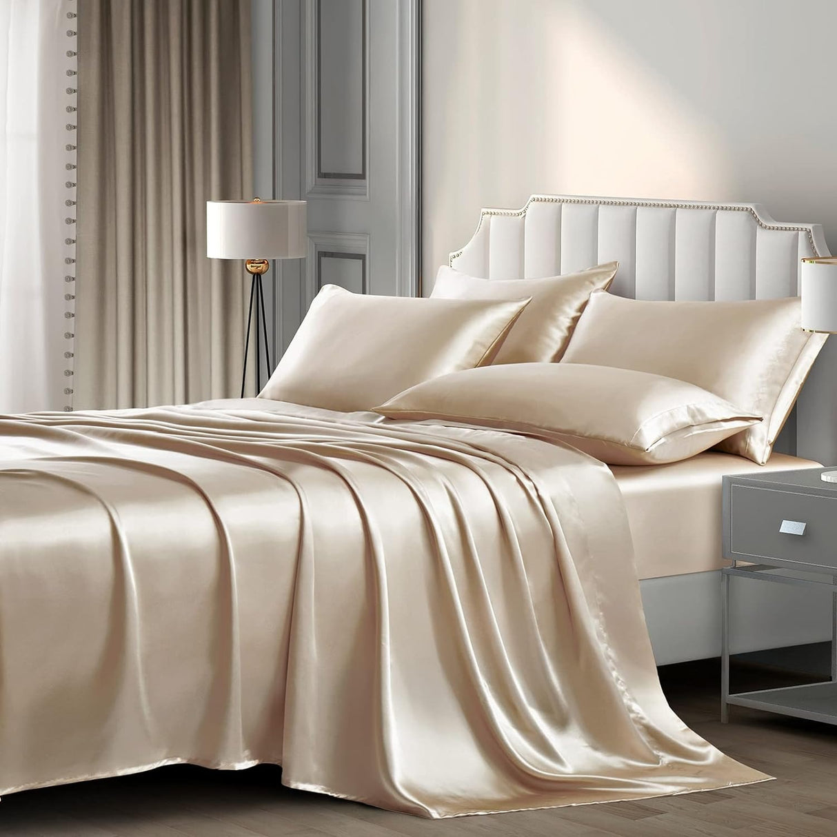 Luxury Silky Satin Silk Soft Fitted Bedsheets Bed Set- King Size