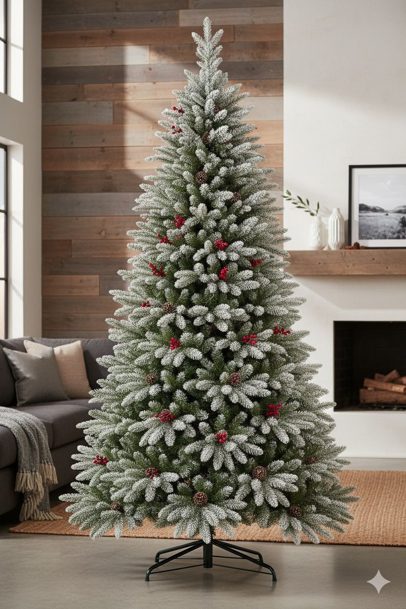 Premium pine snow flocked artificial Christmas tree with pine cones and red berries, 7ft and 8ft