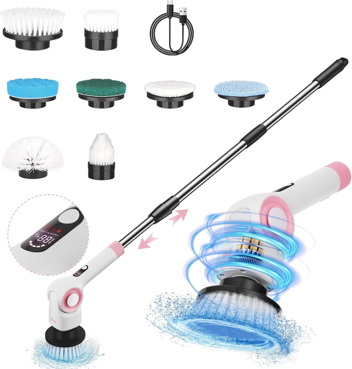 DSP Electric Spin Scrubber, IPX7 Waterproof, Adjustable Telescopic Pole Adjustable Angles, 3 speeds Electric Spin Brush for Cleaning Bathroom Tub Floor Tile Basin, LED Display