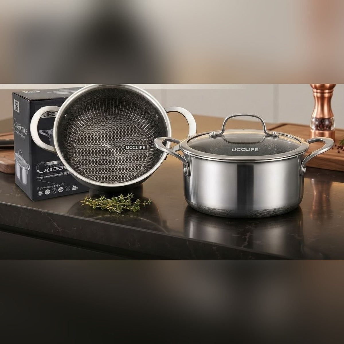 UccLife Triply Stainless Steel Cookware Casserole Pot with Glass Lid, 18cm to 28cm, Honeycomb Non Stick Sufuria, Induction and Oven Safe