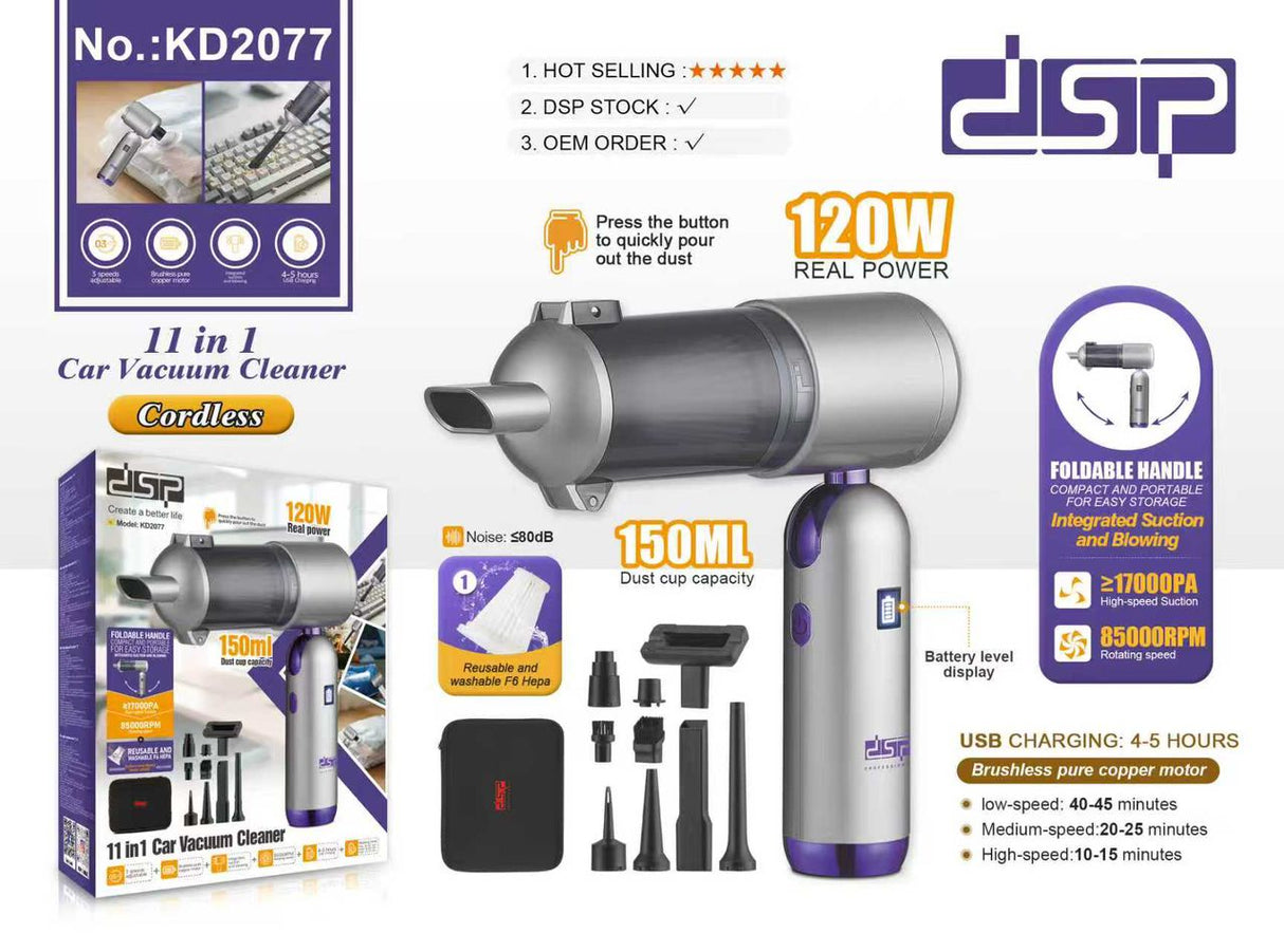 DSP 11-in-1 Handheld Car Vacuum Cleaner, 120W High Power Cordless Vac with 17kPa Suction, Multi-Nozzles for Car, Home, Keyboard, Sofa & Pet
