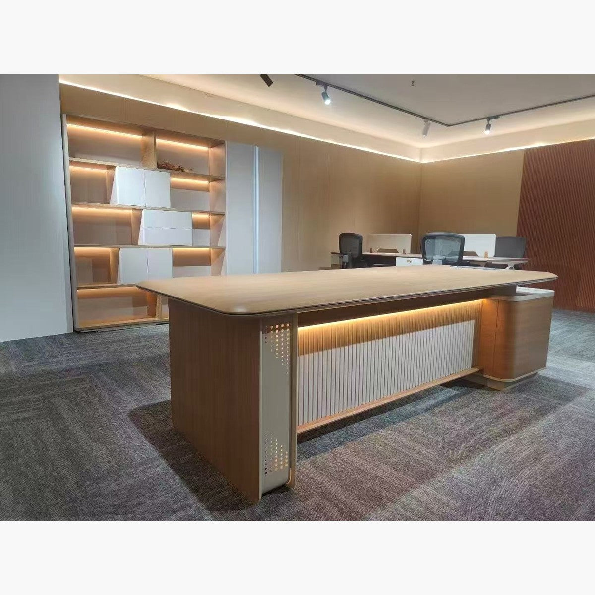 Executive office desk 2.2m L shaped with side return, storage cabinet and LED lit front, walnut and grey