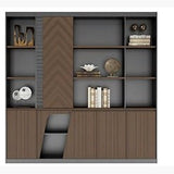 Office bookshelf with cabinets 2m wall unit, display shelves and lower storage, walnut and grey