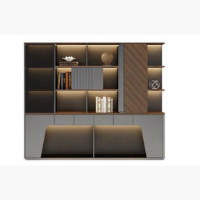 Office bookshelf with cabinets 2.4m wall unit with LED lighting, walnut and grey
