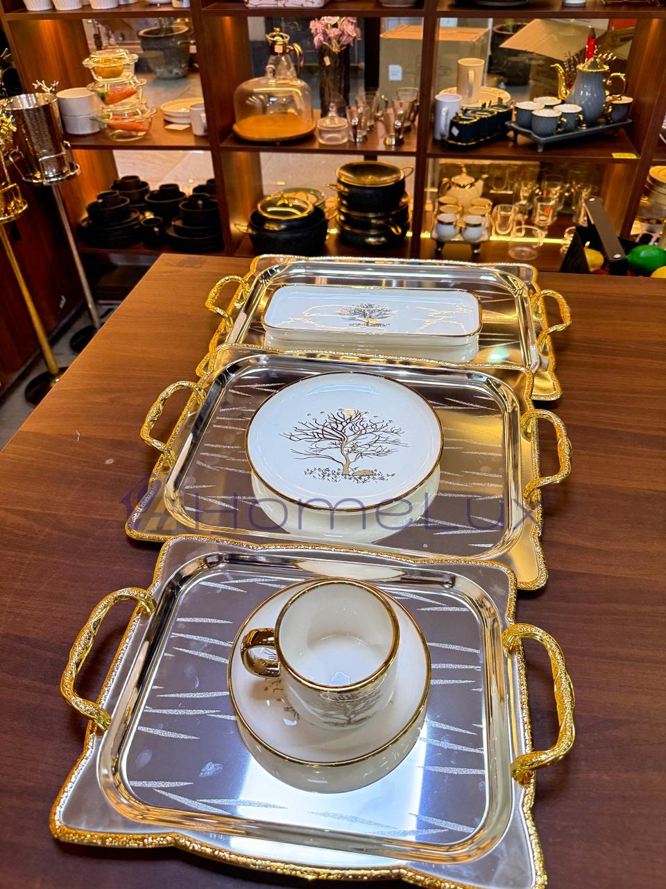 Luxury Serving Tray Set 3 Pieces Iron Steel Serving Tray Set Full Nickel With Gold Handle