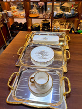 Luxury Serving Tray Set 3 Pieces Iron Steel Serving Tray Set Full Nickel With Gold Handle