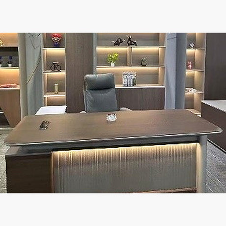 Executive office desk 1.8m with side return and ribbed front panel, dark walnut and grey