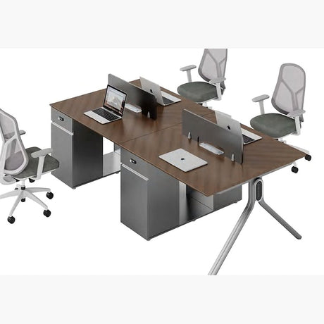 4 way office workstation 2.4m, four person desk with screens and pedestal drawers, walnut and grey