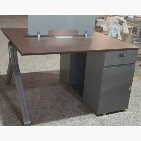 2 way office workstation 1.2m, two person face to face desk with screen and pedestal drawers, walnut and grey