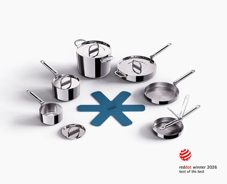 Joseph Joseph Space Steel cookware set laid out with all six pieces, Homelux Kenya