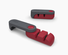 Joseph Joseph Rota folding knife sharpener in dark grey and red, open and ready to use