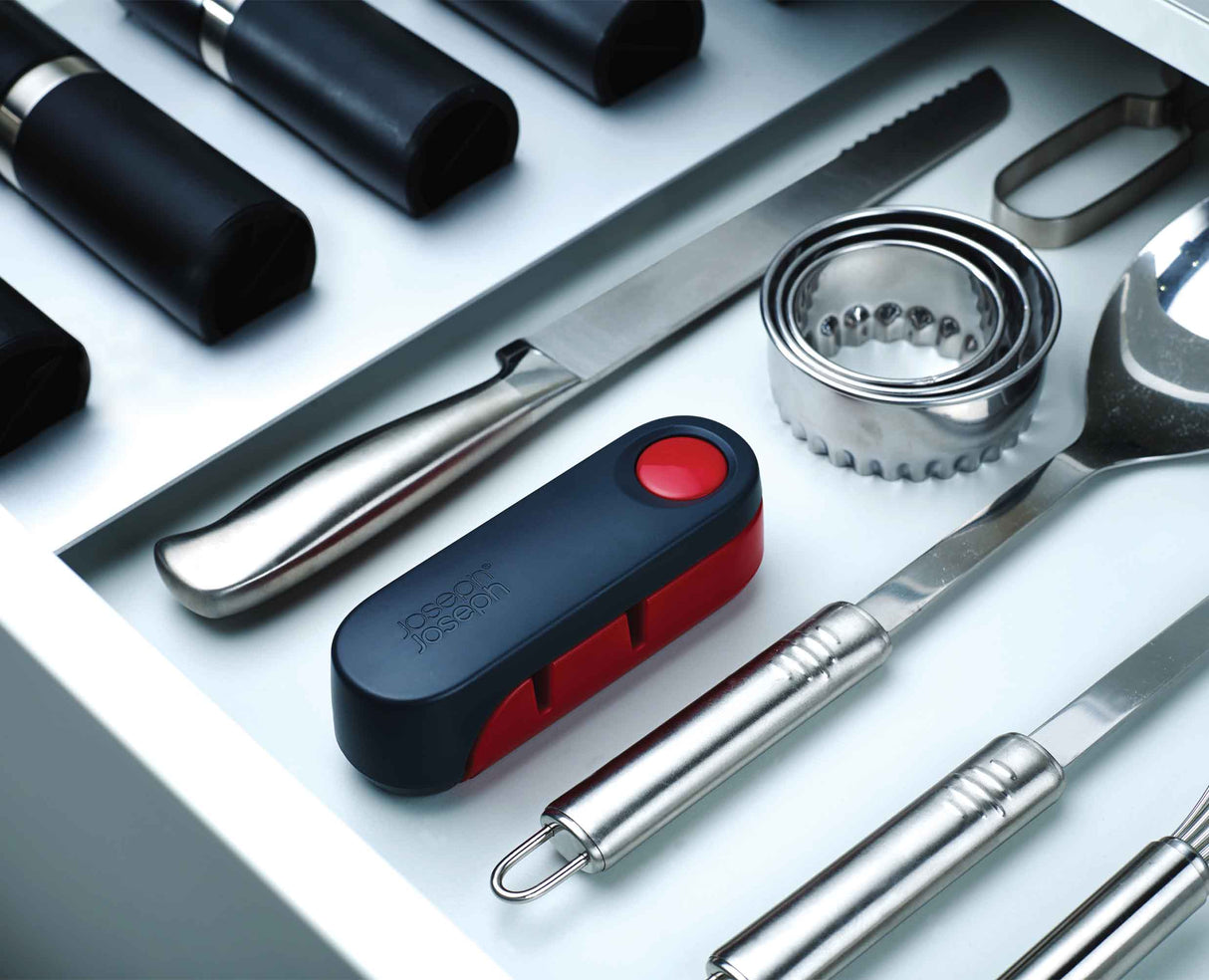 The Rota sharpener folded and locked closed for compact drawer storage