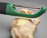 Detail of the potato eye remover at the tip of the straight peeler