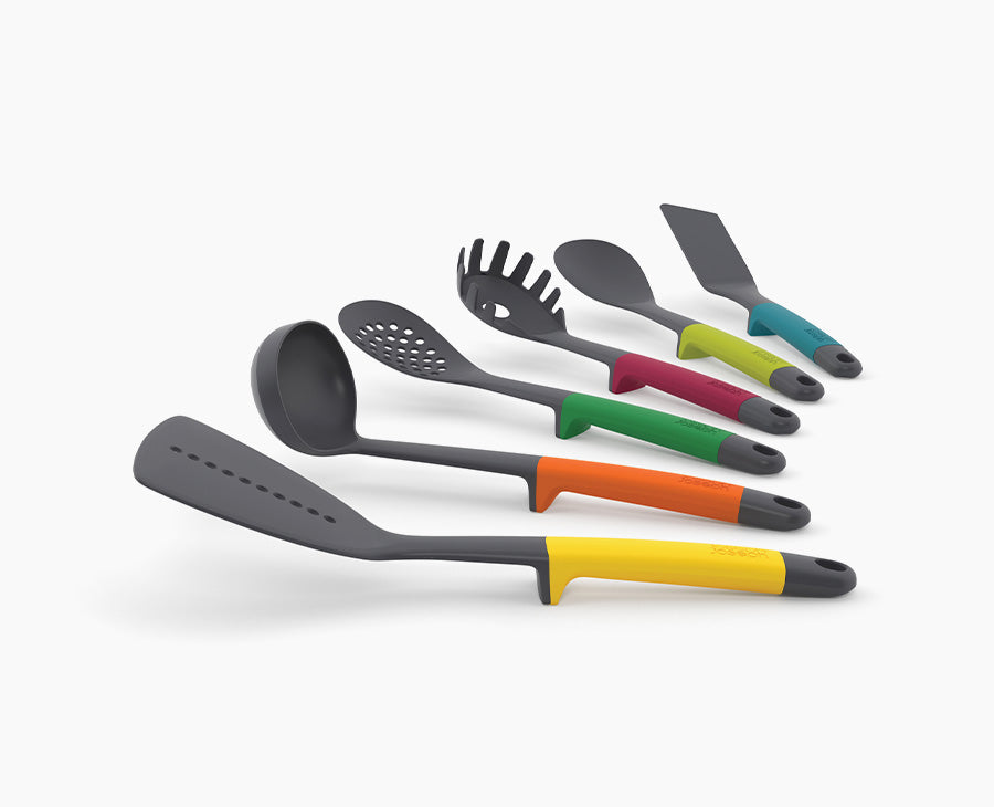Joseph Joseph Elevate six-piece kitchen utensil set in multicolour, all tools laid out together
