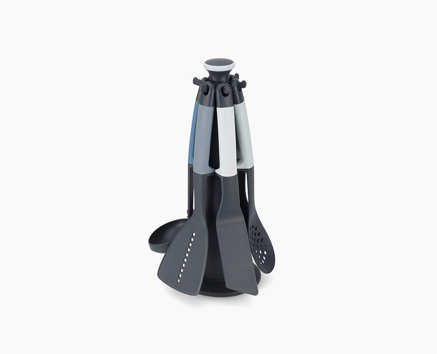 Joseph Joseph Elevate Editions six-piece utensil set in blue on its rotating carousel stand