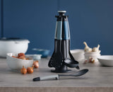 The six blue Elevate tools laid out — slotted spoon, spaghetti server, solid spoon, slotted turner, flexible turner and ladle