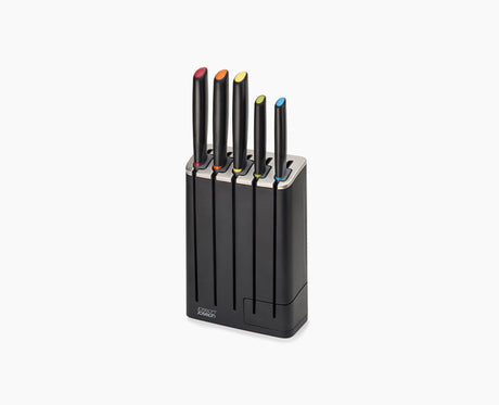 Joseph Joseph Elevate SlimBlock five-piece knife set in multicolour, knives seated in the block