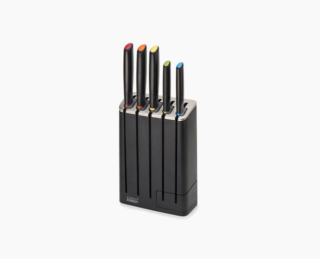 Joseph Joseph Elevate SlimBlock five-piece knife set in multicolour, knives seated in the block