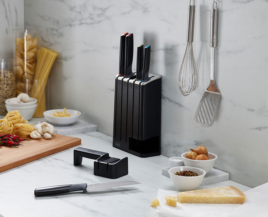 The SlimBlock viewed from the side showing how narrow the block is on the counter