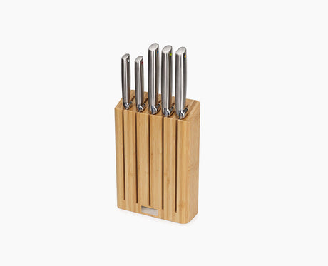 Joseph Joseph Elevate Steel Knives five-piece set seated in its slimline bamboo block