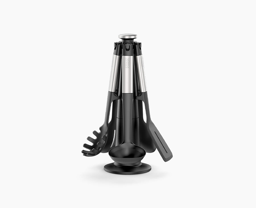 Joseph Joseph Elevate five-piece silicone and stainless-steel utensil set on its rotating stand