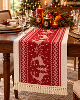 Christmas Table Runner 240cm, Red and Cream with Tassel Fringe | Knitted Reindeer or Geometric Pattern, Festive Dining Table Runner for 6 to 8 Seater