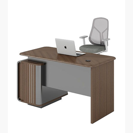 Office desk 1.4m with fluted side cabinet and open shelf, walnut and grey