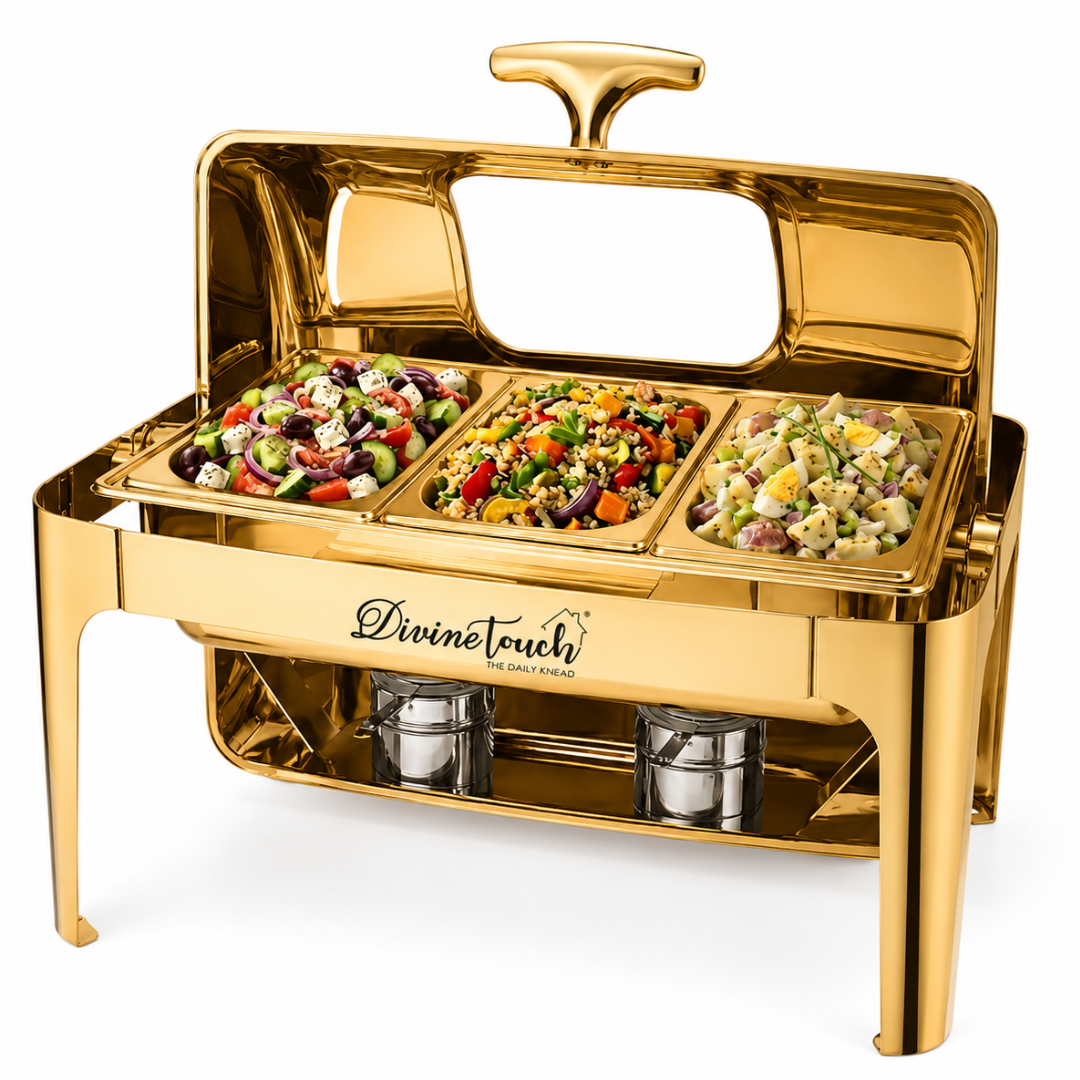 Divine Touch 9L Stainless Steel Gold Rectangle Rolltop Chafing Dish with Visual Window - DT-923G Triple