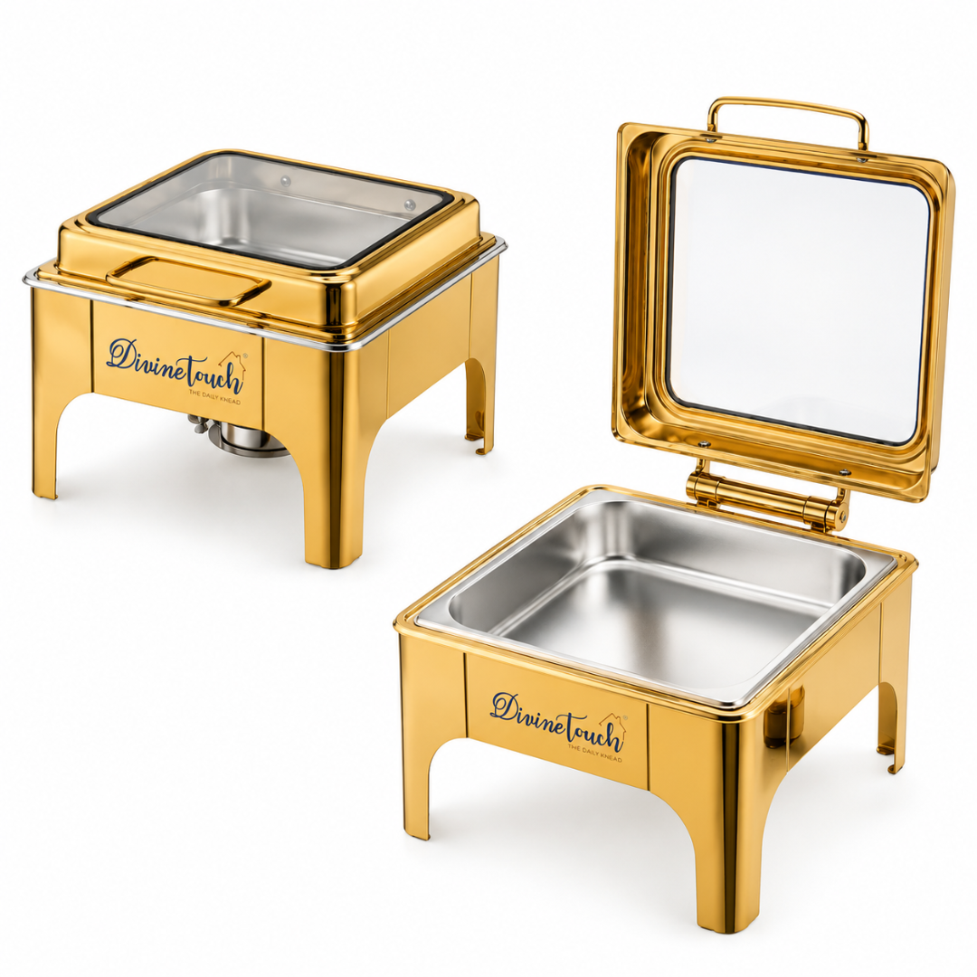 Divine Touch 6L Stainless Steel Gold Square Hydraulic Chafing Dish with Visible Glass - DT-631G Single