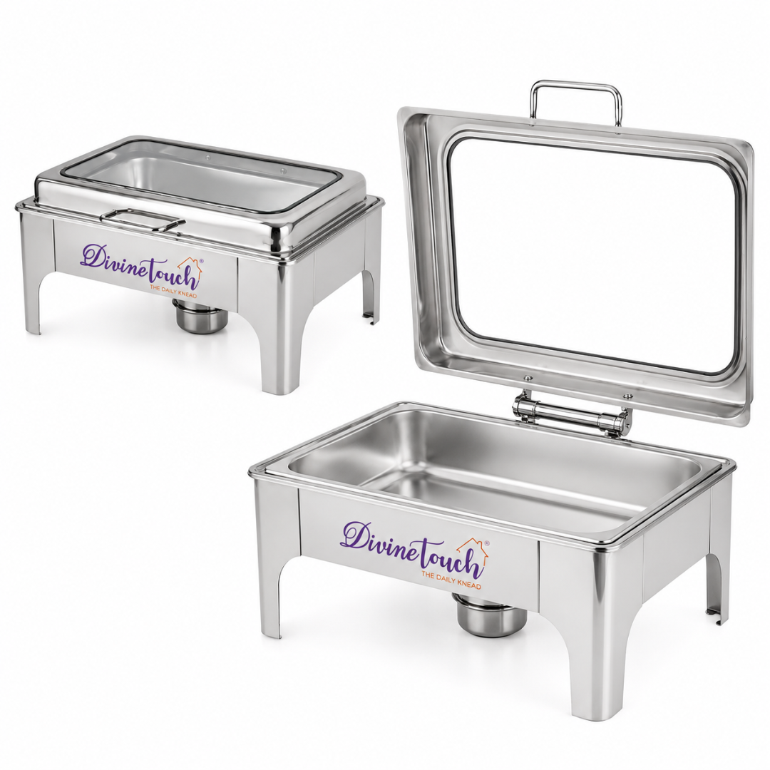 Divine Touch 9L Stainless Steel Silver Rectangle Hydraulic Chafing Dish with Visible Glass - DT-931 Single