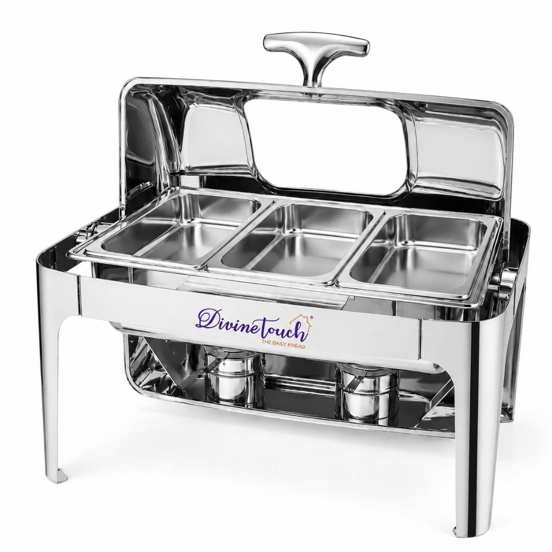 Divine Touch 9L Stainless Steel Gold Rectangle Rolltop Chafing Dish with Visual Window - DT-923G Triple