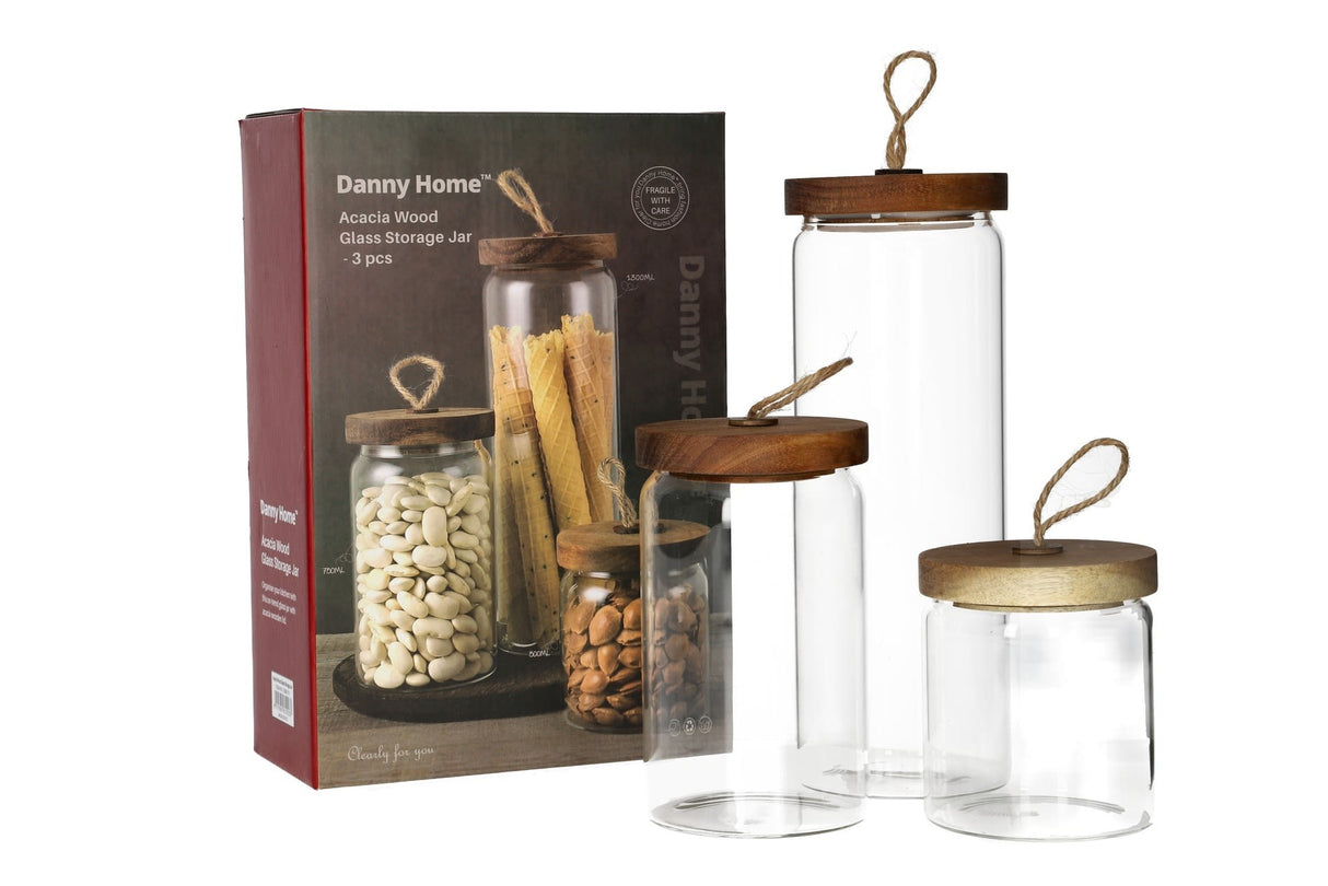 Danny Home Glass Cereal Storage Jars with Acacia Wood Lid 3pcs | Airtight Pantry Canisters Set