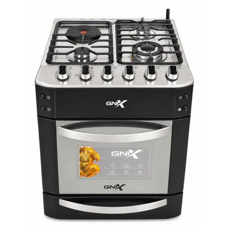 Gnix G600 B02 Standing Gas Cooker 60x60cm Black Kenya | 3 Gas Burners, Wok Burner, Electric Hotplate, Turbo Fan Electric Oven with Rotisserie