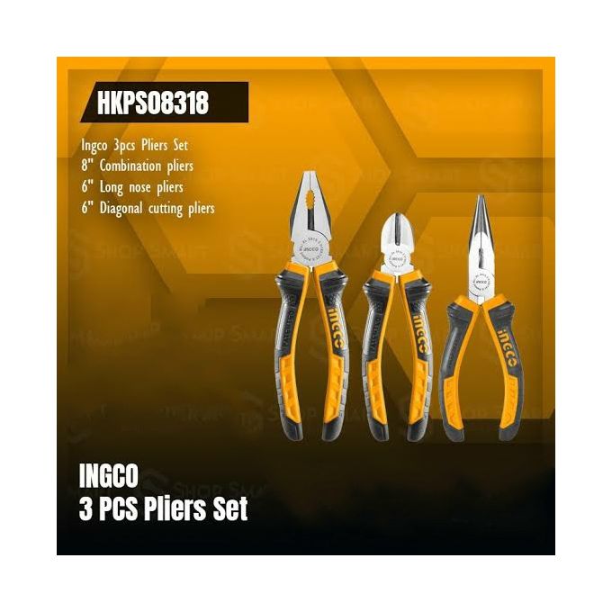 Ingco Pliers Set 3Pcs - Combination Pliers, Diagonal Pliers, Long Nose Pliers