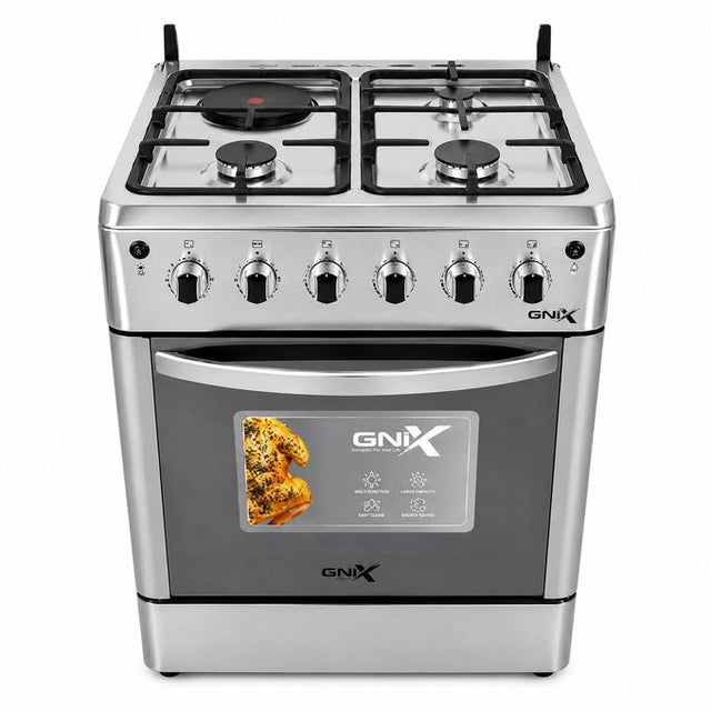 Gnix G600 S01 Standing Gas Cooker 60x60cm Silver Kenya | 3 Gas Burners, Rapid Electric Hotplate, Electric Oven with Grill, Glass Lid