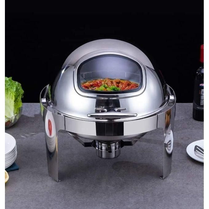 Signature 6L Round Rolltop Silver Chafing Dish with Glass Window – Buffet Food Warmer