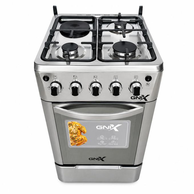 Gnix G500 S01 Standing Gas Cooker 50x50cm Silver Kenya | 3 Gas Burners, Electric Hotplate, Electric Oven with Grill, Auto Ignition