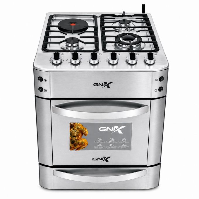 Gnix G600 S02 Standing Gas Cooker 60x60cm Silver Kenya | 3 Gas Burners, Wok Burner, Electric Hotplate, Electric Oven with Rotisserie